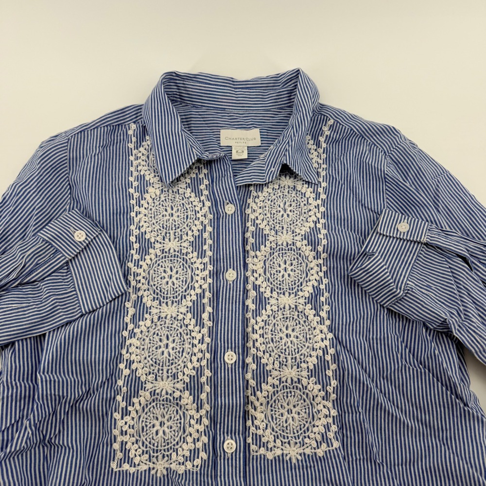 Charter Club Petite Blue White Pinstripe Lace Embroidered Cotton Shirt PL
